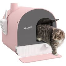 Maison de toilette bac à litière pour chat avec porte battante, pelle et filtre inclus dim. 43L x 44l x 47H cm pp rose