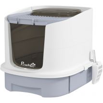 Maison de toilette chat - porte fumée, pelle, 2 sacs désodorisation, tiroir litière coulissant - entrée sortie - blanc gris