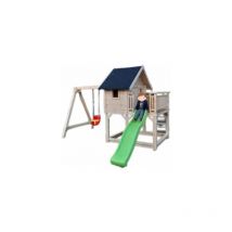 Maisonnette de jardin en pin massif, cabane de jeux pour enfants sur pilotis avec toboggan et balançoire shingle noir 1,80m x 4.20m (structure