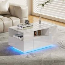 Makika - Table Basse led / Design Table de Salon avec Tablette de Rangement et tiroirs - Blanc Brillant