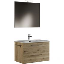 Mama Store - era 60-Mobile Bagno Sospeso 60 cm Quercia Naturale con Lavabo, Specchio e Lampada led, L.62 x P.47, Legno, 62 x p. 47 x h. 53 cm