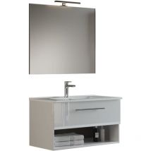 GEA2 80 - Mobile Bagno Sospeso 80 cm Cassetto e Vano a Giorno Bianco Lucido Laccato con Lavabo, Specchio e Lampada led, L.81 x P.45 x H.46 cm - Mama