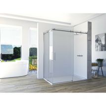 Seviban - Mampara de ducha angular de 2 hojas fijas y 2 puertas correderas. - acero inoxidable - Cristal 6 mm con antical incluido - Modelo vela