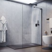 Sonni - Mampara de Ducha Pantalla Panel Fijo Marco Negro 6mm nano Cristal de Fácil Limpieza con Estabilizador en Forma de l 120x200cm