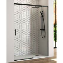 Baño Total - Mampara Ducha Frontal 1 puerta 1 fijo Corredera Vidrio Templado 6mm Antical Transparente Perfil Negro Mate 190 cm (Adaptable 184-189cm)