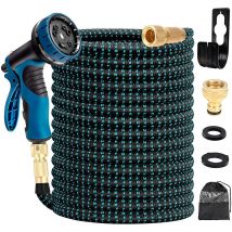 Bleosan - Manguera de jardín extensible azul de 30 m Manguera de jardín retráctil de 100 pies con soporte y accesorios de latón para pistola