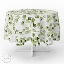 Nappe Ronde Anti-Taches en Toile Cirée Ø140 cm. Feuilles vertes