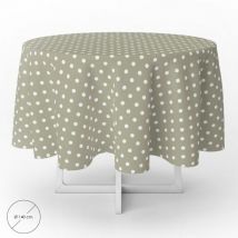Nappe ronde en toile cirée anti-taches Ø 140 cm. Pois beiges