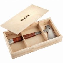 Accetta, con manico in pelle, con cintura tascabile in pelle di qualità che protegge le lame in una bella confezione regalo in legno - 3555s001
