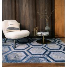 Lord Of Rugs - Marbled Rug for Living Room Bedroom Aurora AU19 Hexagon Geometric Quality Modern Abstract Soft Silky Shiny Blue Silver Rug in Small