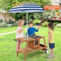 Maisonchic - Marchande Enfant avec Accessoires Voiture Restaurant avec Parasol pour Vendeurs Ambulants Bois 114 x 48 x 59 cm Bleu CW3265 Maison Chic