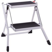 Marchepied à 2 Marches Pliable Escabeau Métallique Antidérapante Marche 30 x 20 cm, Capacité 150 kg 50 x 49 x 45 cm Blanc