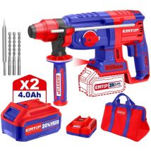 Marteau perforateur burineur sans fil Emtop 20v avec 1 chargeur + 2 batteries 4.0ah lithium-ion moteur brushless avec 3 forets et 1 burin rotatif 26
