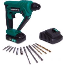 Vonroc - Martillo rotativo inalámbrico - VPower 20V - Incluye batería y cargador de 2.0Ah - 1.3 Joule - SDS-plus - Incluye accesorios y bolsa de