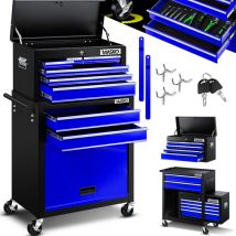 Carrello da officina con valigetta, 9 scomparti con serratura, Senza attrezzi, Carrello per il deposito degli attrezzi con serratura, Blu - Masko