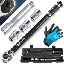 Clé dynamométrique 6 pcs. 40-210Nm 1/2 ' cv incl. 3 douilles 17mm 19mm 21mm et rallonge 125mm incl. mallette +/- 4% tolérance pneu Noir - Masko