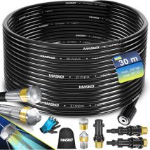 Masko - Premium juego de manguera para limpieza de tuberías desatascador 200 bar incl. bolsa 3 adaptadores 2 boquillas + giratoria compatible con
