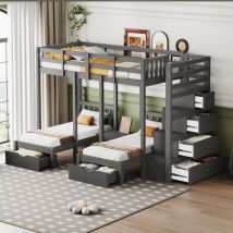 Massivholz-Kinderbett 90200 cm, Etagenbett mit Stauraumschubladen und Sicherheitsleiter, Version mit Sicherheitsgitter, mit Nachttisch, grau