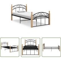 The Living Store Bettgestell Schwarz Metall und Massivholz Eiche 90x200 cm - Metallbettfassungen - Holzrahmen Bett - Doppelbett Gestell