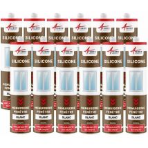 Arcane Industries - Mastic silicone fenêtre menuiserie étanchéité - 300 ml x 12 Blanc