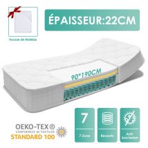 Matelas 90x190 Très Épais 22 Cm, Matelas 90x190 Enfant à Ressorts EnsachÉs, Matelas d'Appoint 7 Zones de Confort, Matelas 1 Personne pour Adulte et