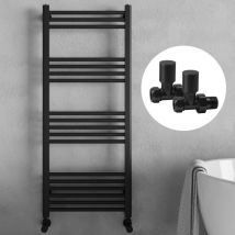 Matt Black 800 x 500mm Heated Bathroom Towel Rail Warmer Ladder Radiator with Straight Manual Valves Pair