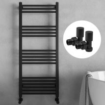 Fnx Bathrooms - Matt Black 800 x 300mm Heated Bathroom Towel Rail Warmer Ladder Radiator with Angled Manual Valves Pair