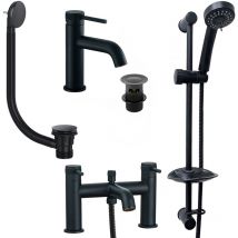 Fnx Bathrooms - Matt Black Round Basin Sink Tap & Bath Shower Mixer Slider Rail Kit & Matching Waste Plug