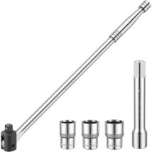 MaxPower Poignée Articulée 1/2' avec Jeu de Douilles, Breaker Bar Barre 1/2 Poignee 450 mm avec Barre D'extension 125 mm et Douille 17 mm, 19 mm, 21
