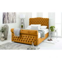 Maynard Mustard Plush Velvet Matching Buttons Super King Bed Frame