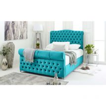 Maynard Teal Plush Velvet Matching Buttons Single Bed Frame