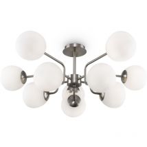 Lampadario Sospensione Erich Metallo Nichel 10 Luci e Diffusori Bianchi