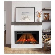 Chimenea eléctrica empotrable negra de 76 cm con repisa de chapa de madera de ingeniería, temperatura y llama ajustables, roble rústico / blanco