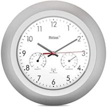 Funk-wanduhr Mit Thermometer Und Hygrometer/silberner Rahmen/weißes Zifferblatt / 29cm Durchmesser/rund/modell: 19450 / Farbe: Silber, Weiß - Mebus