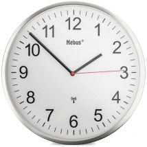 Mebus - Funkwanduhr mit hochwertigem Aluminium-Rahmen, Bahnhofsuhr, Klassisches Design, 30 cm Durchmesser, gut ablesbare Ziffern, Farbe: Silber/Weiß,