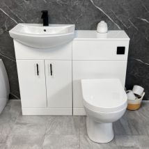 1050mm Bathroom Vanity Suite White with Sink & Toilet + Black Handles + Flush, With Tap & Waste - Black