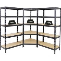 Mega Deal 1x Étagère d'angle + 2x Étagère charge lourde tiger HxLxP 180x90x45cm Capacité de charge 175kg + 265 kg Noir Étagère robuste de garage,