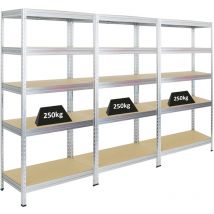 Mega Deal 3x Étagère charge lourde RIVET HxLxP 180x90x45cm 250kg par niveau Galvanisé Lot d'étagères robustes de Garage, Atelier, Cave, sous-sol,
