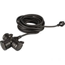 Meister Schutzkontakt-Verlängerung - mit Dreifachkupplung - 10 m Kabel - Gummischlauchleitung - IP44 Außenbereich - schwarz / Kupplung mit