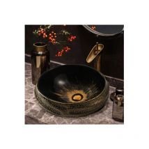 45 x 40 x 16,5 cm - Lavabo ovale en plastique - Surface en relief - Doré vintage - Plan de travail - Céramique (y compris bonde pop-up) - Meje