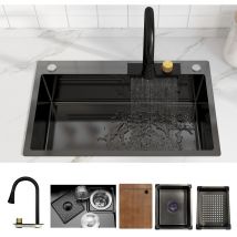 Meje - vier de cuisine en acier inoxydable 750 x 450 mm avec robinet extensible Noir