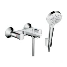 Hansgrohe - Mélangeur baignoire Logis + pack pommeau de douche Crometta 2 jets + support + flexible