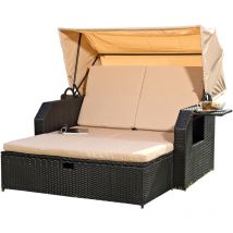 Lit de bronzage /chaise de plage/salon en polyrattan, noir, y compris tablette latérale pliante + dossier réglable + parasol pliable - Melko