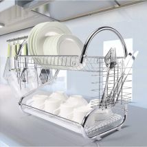 Mellifluous egouttoir a Vaisselle Chrome Effet Inox Double Niveau Avec Porte-Tasse et egouttoir pour Couverts
