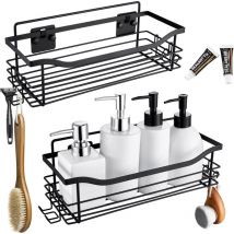 Auralum Max - Mensola per doccia, mensola per bagno 2 pezzi con 2 ganci multifunzionali, mensola per doccia nera antiruggine per shampoo e gel