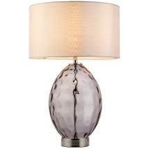 Merano - Barletta Base & Shade Table Lamp, Grey Tinted Glass, Bright Nickel Plate With Vintage White Fabric