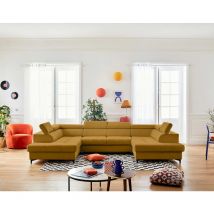 Merida - wohnlandschaft u-form - 7-sitzer - mit schlaffunktion, bettkasten und verstellbaren kopfstützen - aus samt - gelb