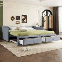 Méridienne, méridienne 90x200cm avec lit gigogne, canapé lit avec deux tiroirs, lit simple (sans matelas), lin, style minimaliste, gris