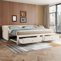 Méridienne, méridienne 90x200cm avec lit gigogne, canapé lit avec deux tiroirs, lit simple (sans matelas), lin, style minimaliste, beige