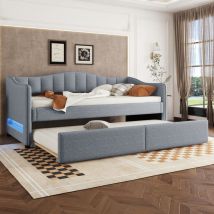 Méridienne, méridienne 90x200cm avec lit gigogne, canapé-lit, lit simple (sans matelas), design lumière ambiante, lin, style minimaliste, gris